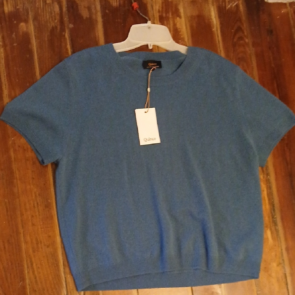 Quince Heather Blue Short Sleeve Cashmere Top